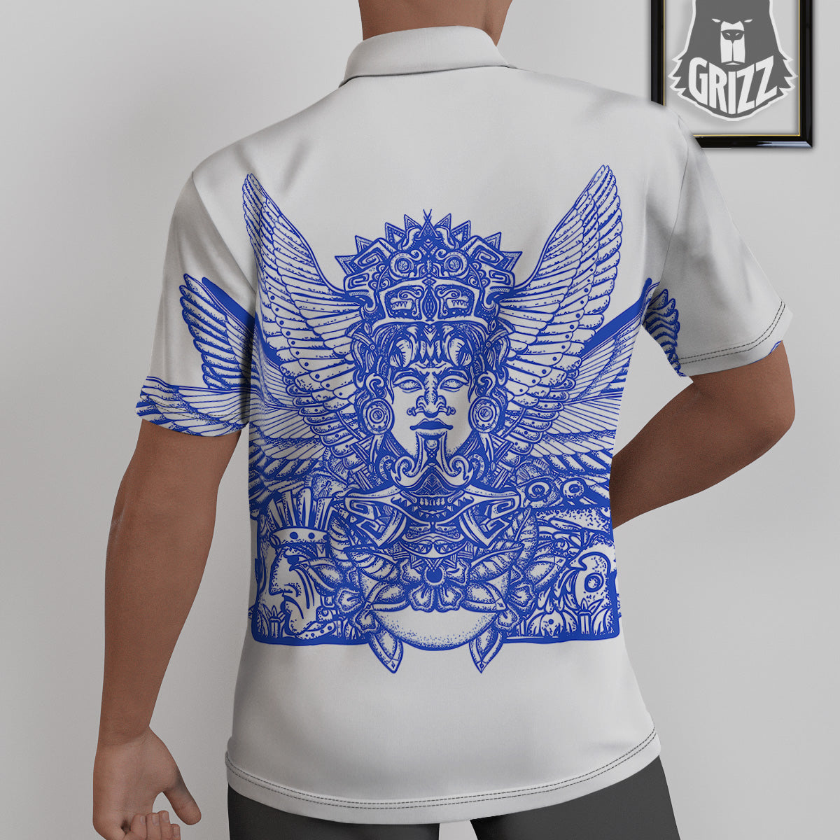Mayan Statue White And Blue Print Untucked Shirts-grizzshop