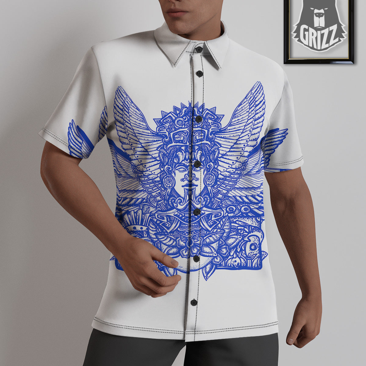 Mayan Statue White And Blue Print Untucked Shirts-grizzshop