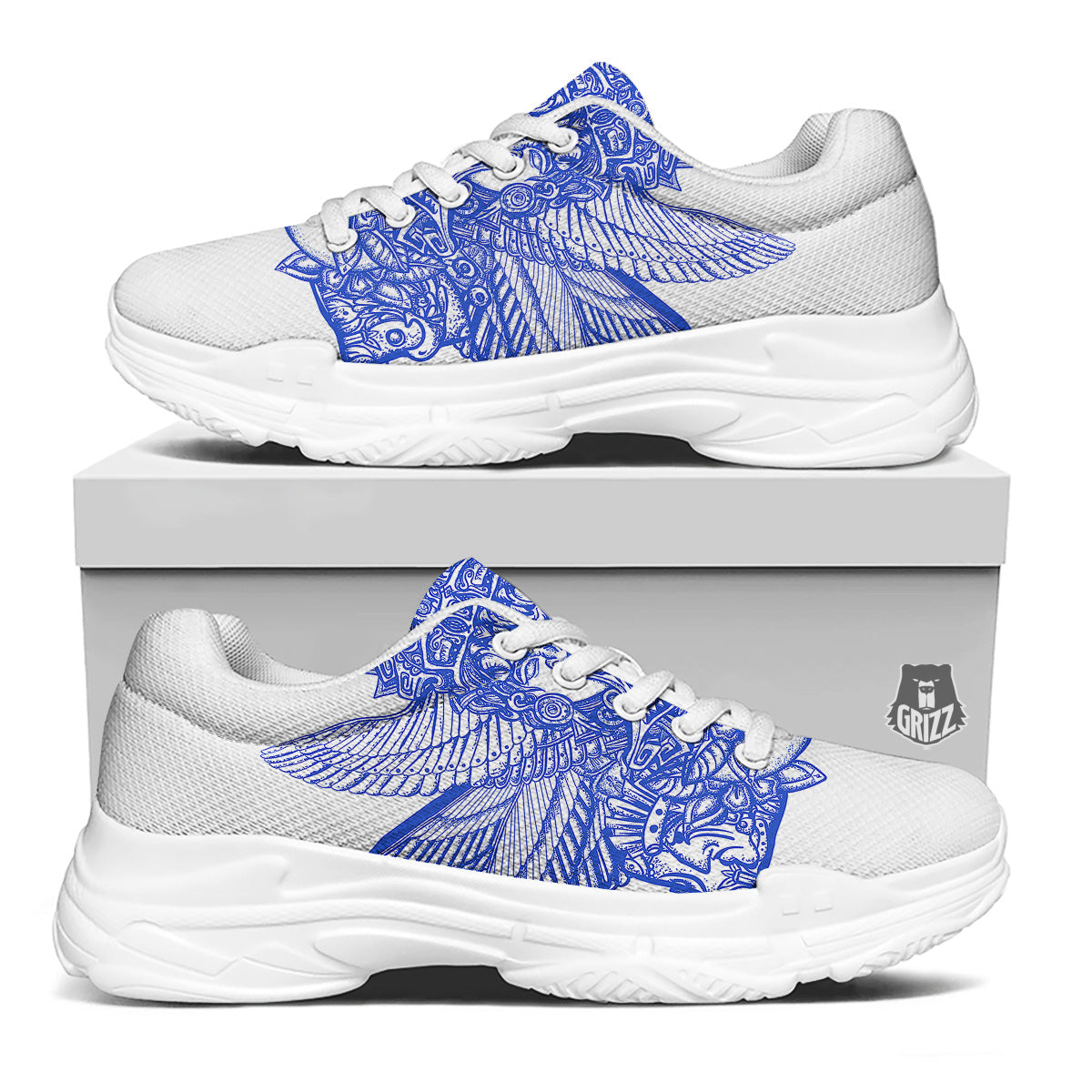 Mayan Statue White And Blue Print White Chunky Shoes-grizzshop