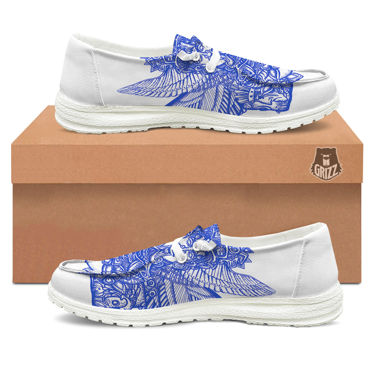Mayan Statue White And Blue Print White Loafers-grizzshop