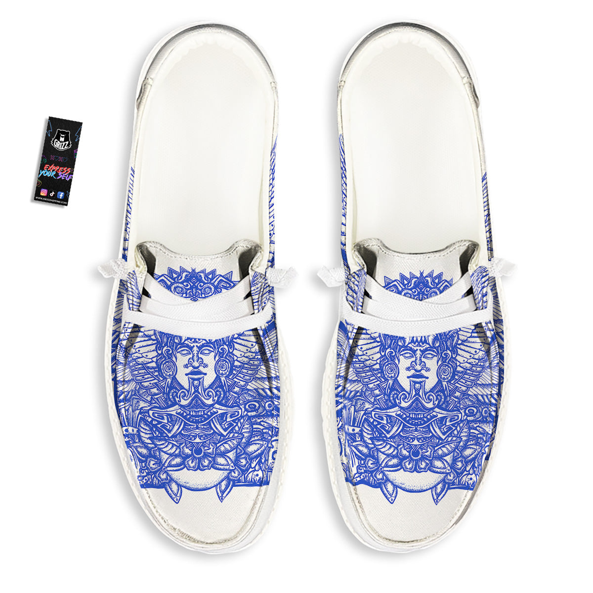 Mayan Statue White And Blue Print White Loafers-grizzshop