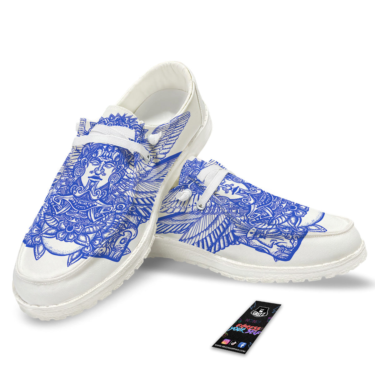 Mayan Statue White And Blue Print White Loafers-grizzshop
