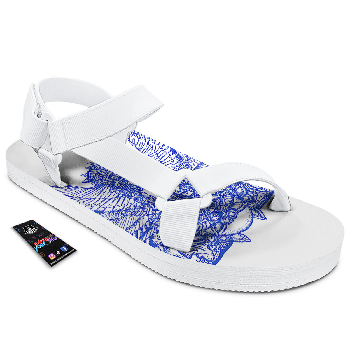 Mayan Statue White And Blue Print White Open Toe Sandals-grizzshop