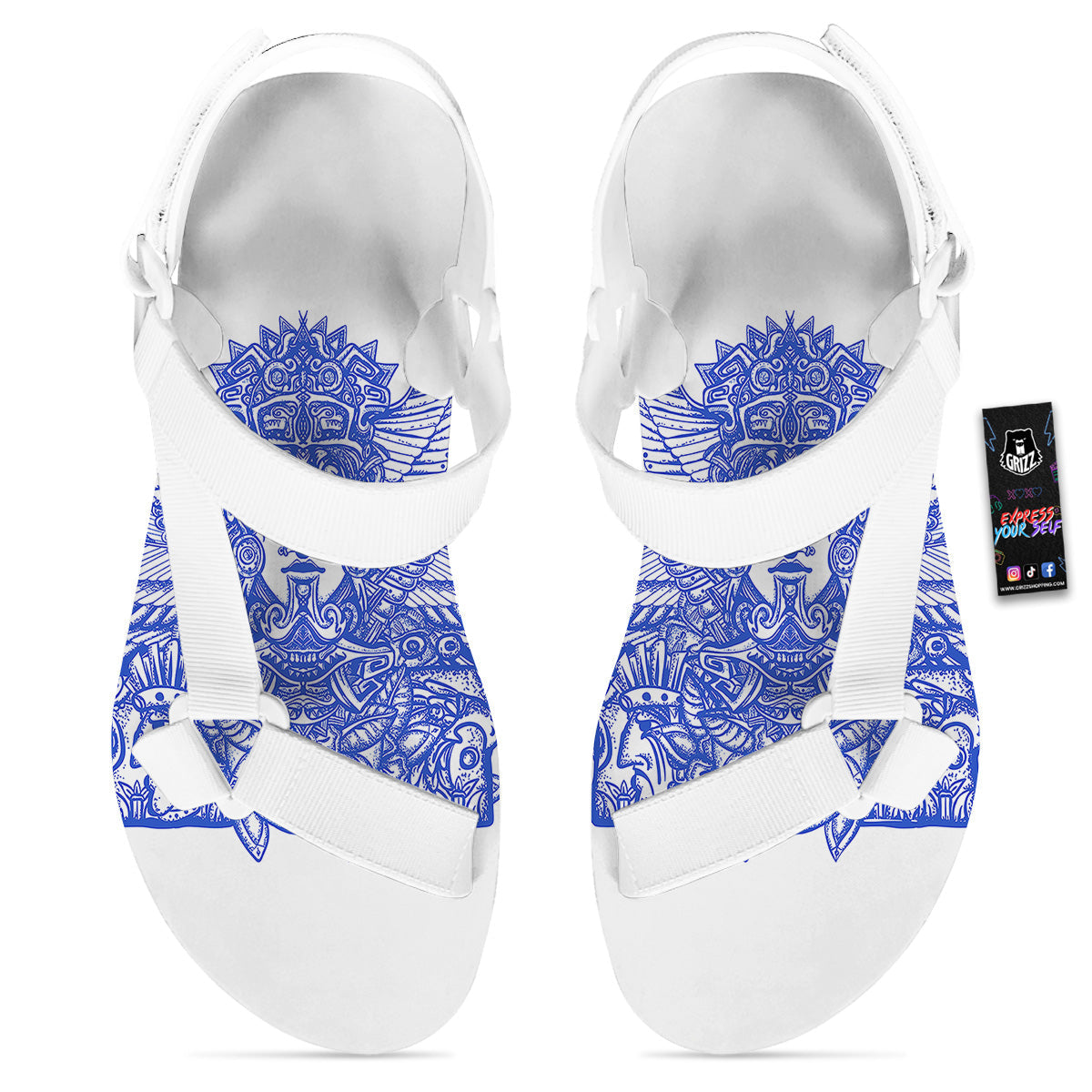 Mayan Statue White And Blue Print White Open Toe Sandals-grizzshop