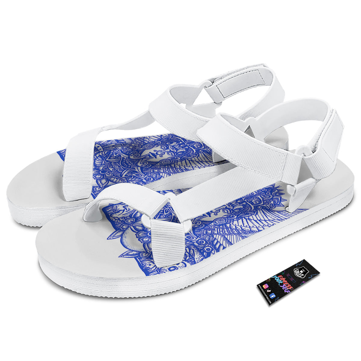 Mayan Statue White And Blue Print White Open Toe Sandals-grizzshop