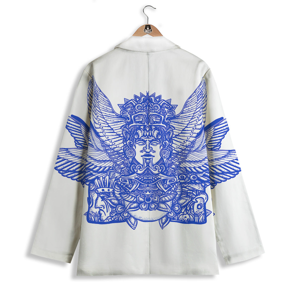 Mayan Statue White And Blue Print Women's Blazer-grizzshop