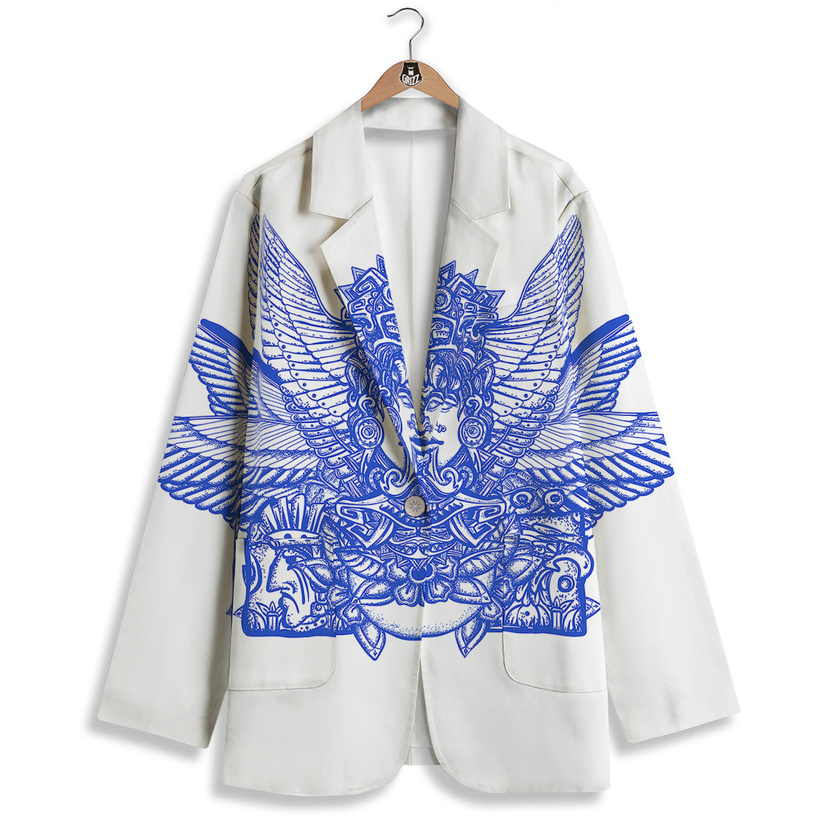 Mayan Statue White And Blue Print Women's Blazer-grizzshop