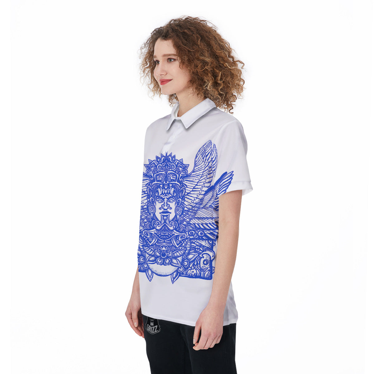 Mayan Statue White And Blue Print Women's Golf Shirts-grizzshop