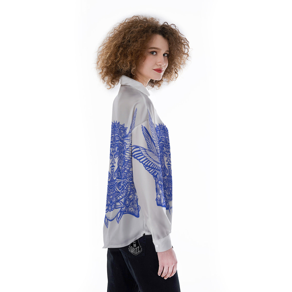 Mayan Statue White And Blue Print Women's Long Sleeve Shirts-grizzshop