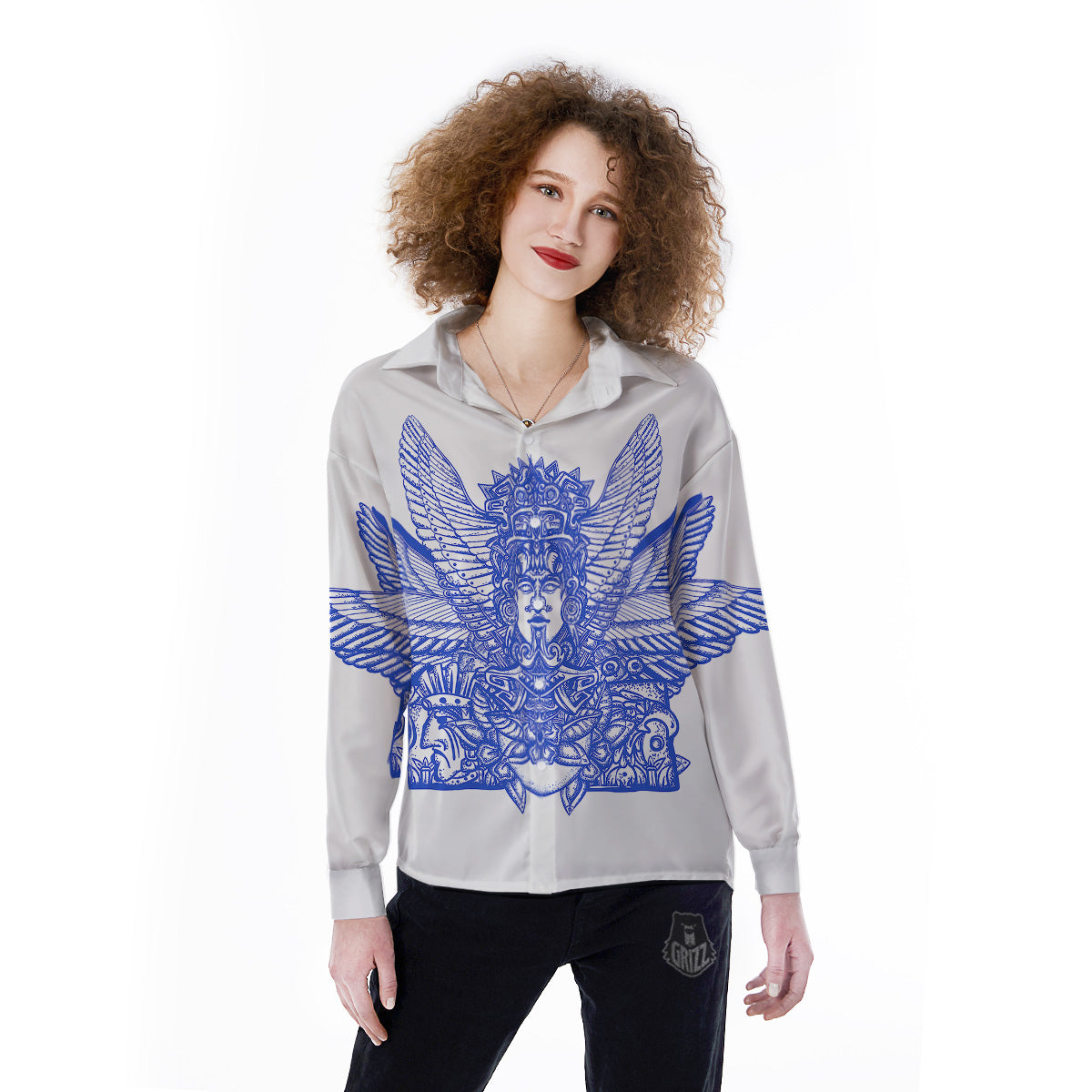 Mayan Statue White And Blue Print Women's Long Sleeve Shirts-grizzshop