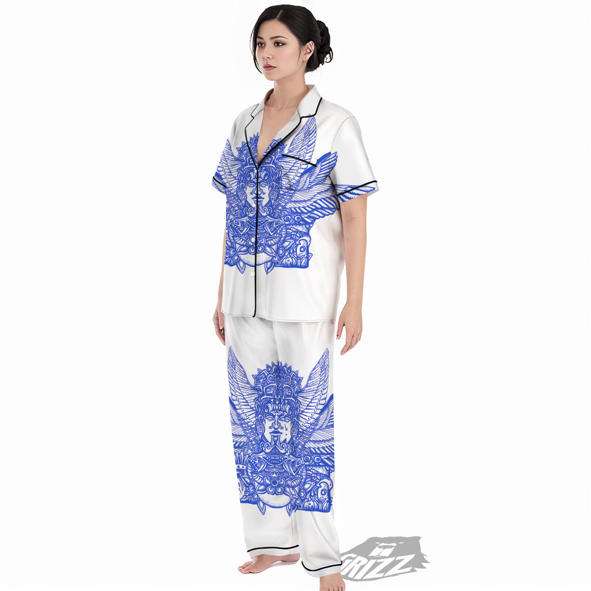 Mayan Statue White And Blue Print Women's Pajamas Set-grizzshop