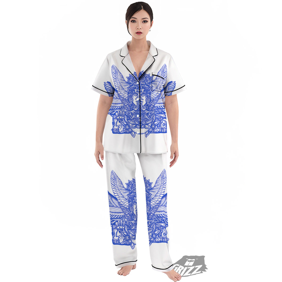 Mayan Statue White And Blue Print Women's Pajamas Set-grizzshop