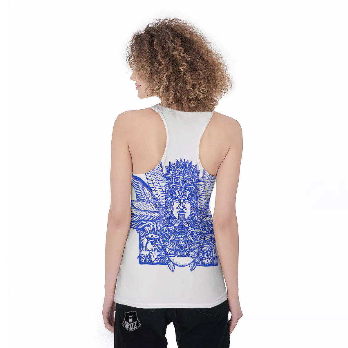 Mayan Statue White And Blue Print Women's Racerback Tank Top-grizzshop