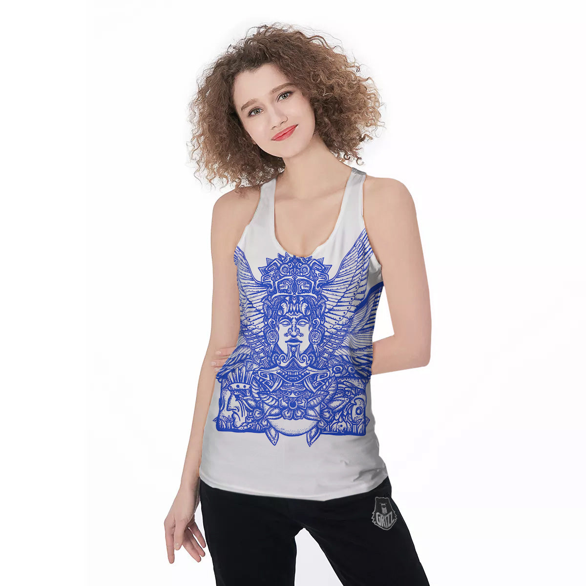 Mayan Statue White And Blue Print Women's Racerback Tank Top-grizzshop