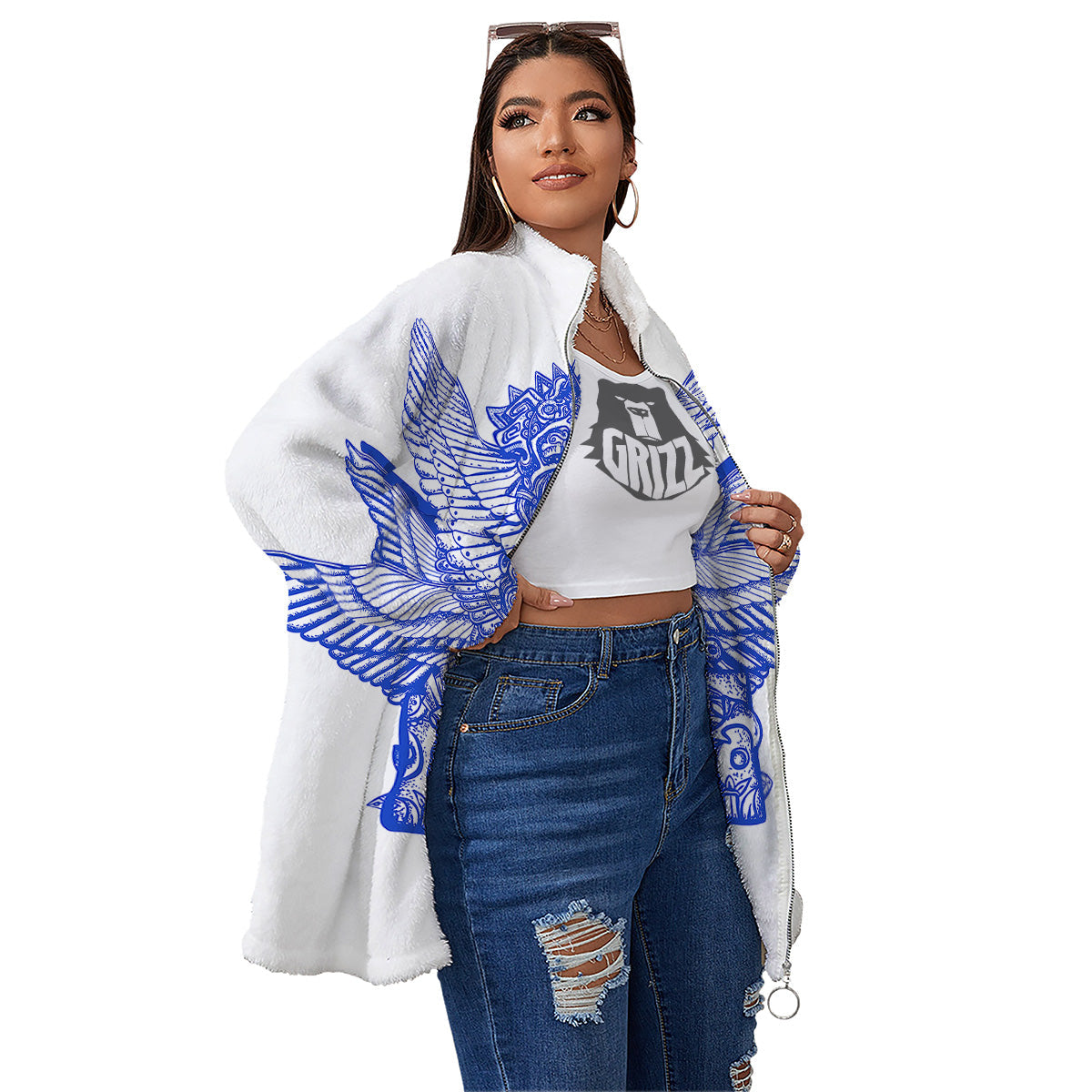 Mayan Statue White And Blue Print Women's Sherpa Jacket-grizzshop