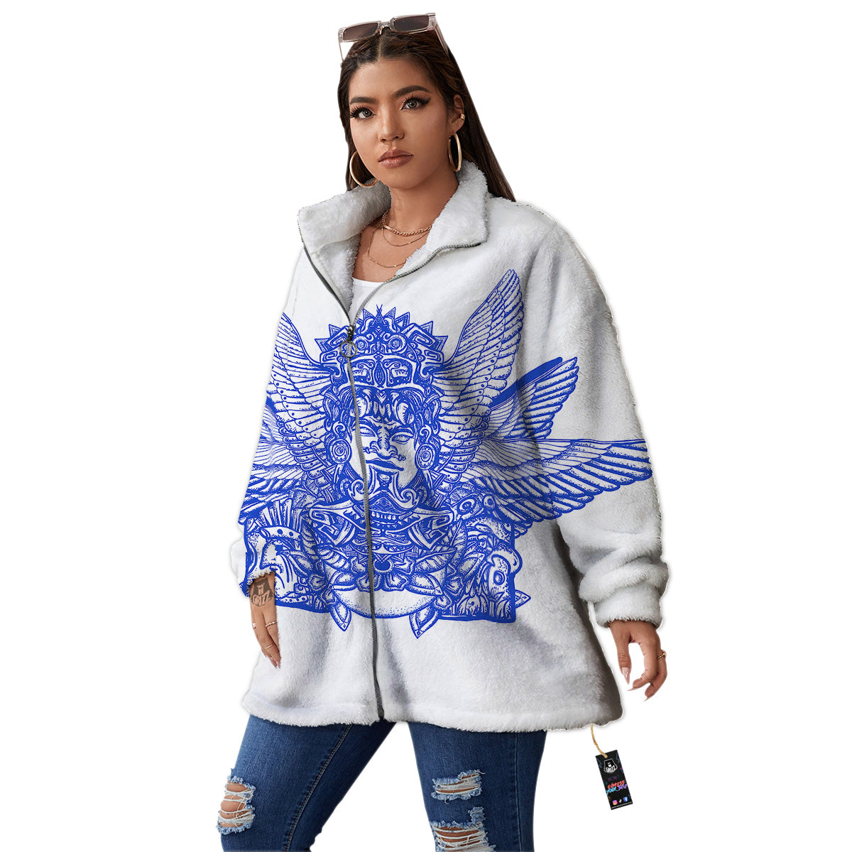 Mayan Statue White And Blue Print Women's Sherpa Jacket-grizzshop