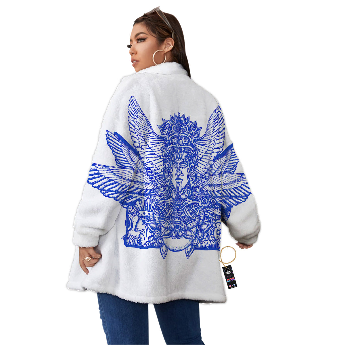 Mayan Statue White And Blue Print Women's Sherpa Jacket-grizzshop
