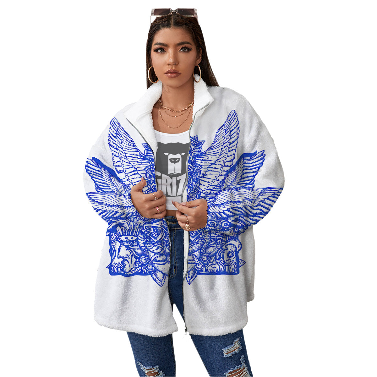 Mayan Statue White And Blue Print Women's Sherpa Jacket-grizzshop