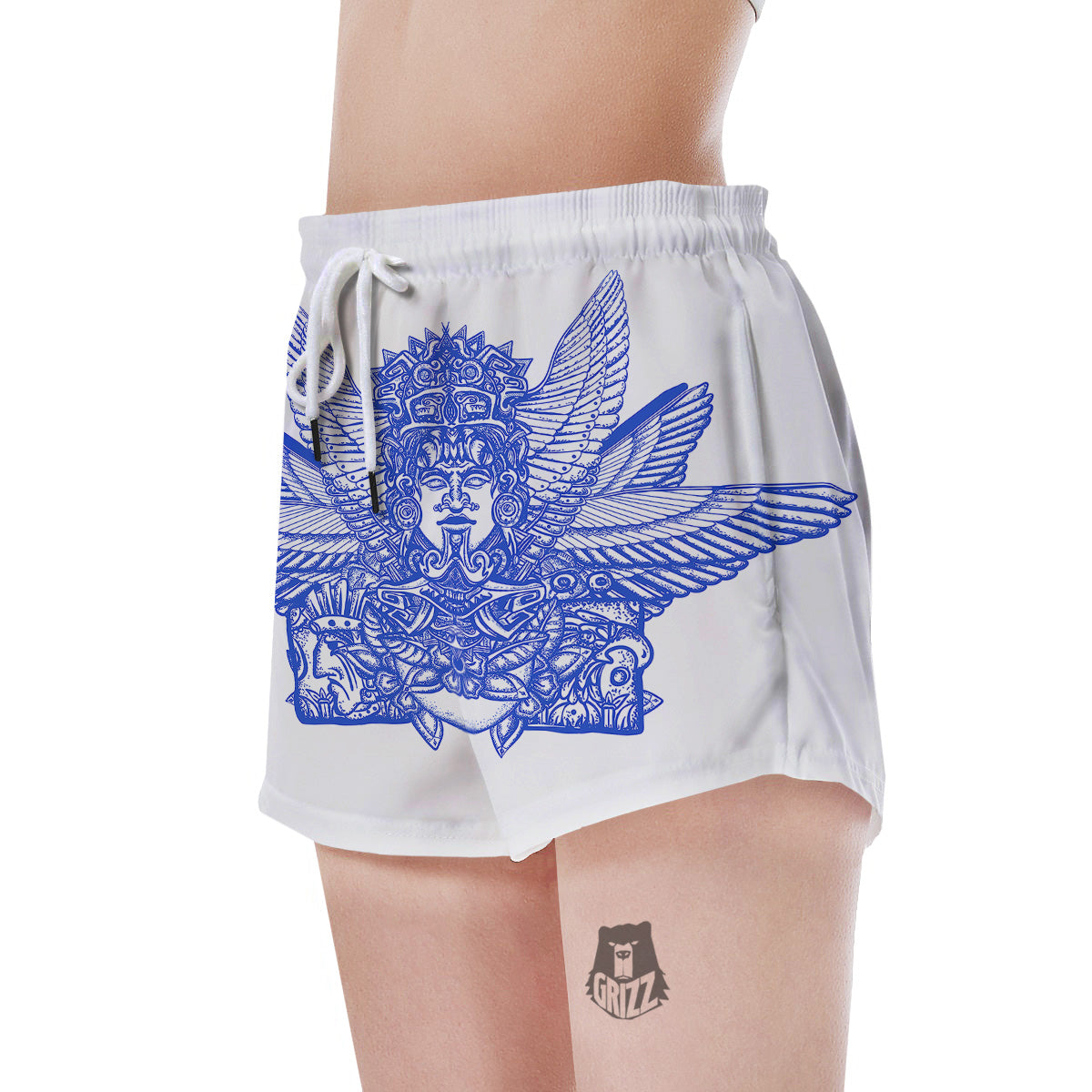 Mayan Statue White And Blue Print Women's Shorts-grizzshop