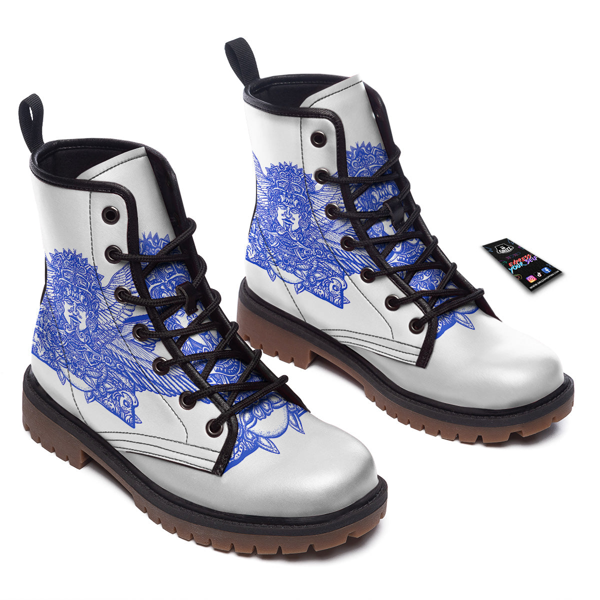 Mayan Statue White And Blue Print Work Boots-grizzshop