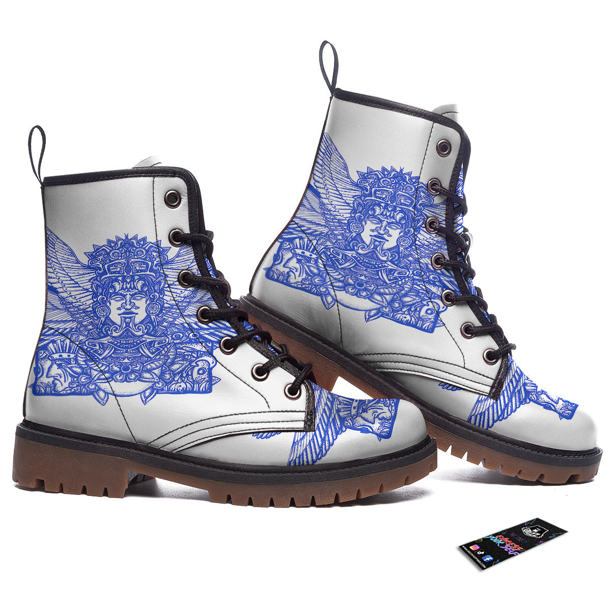 Mayan Statue White And Blue Print Work Boots-grizzshop