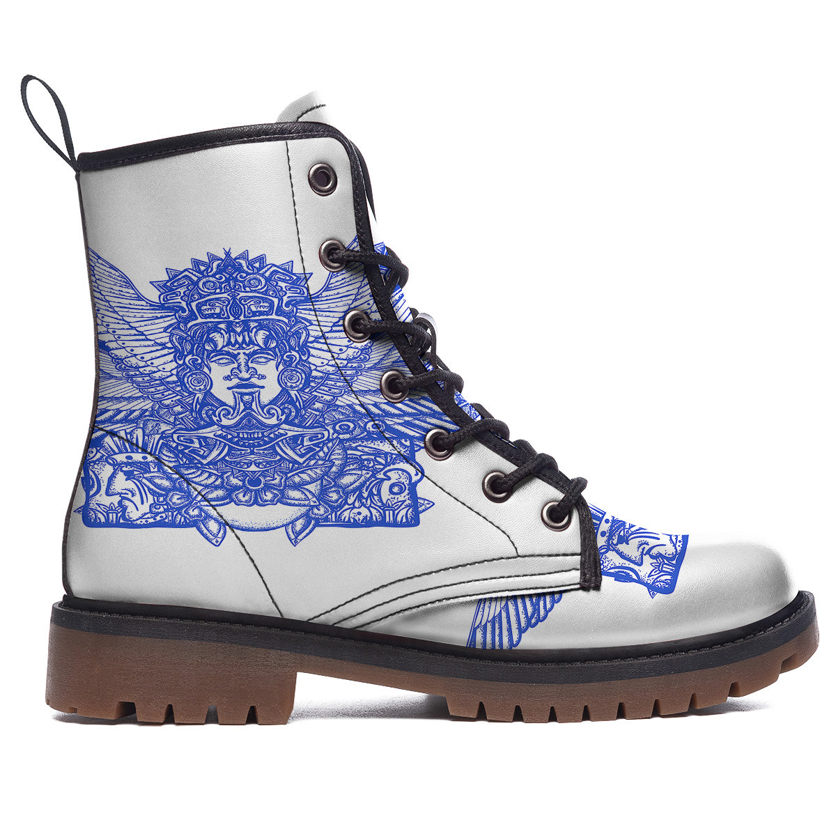 Mayan Statue White And Blue Print Work Boots-grizzshop