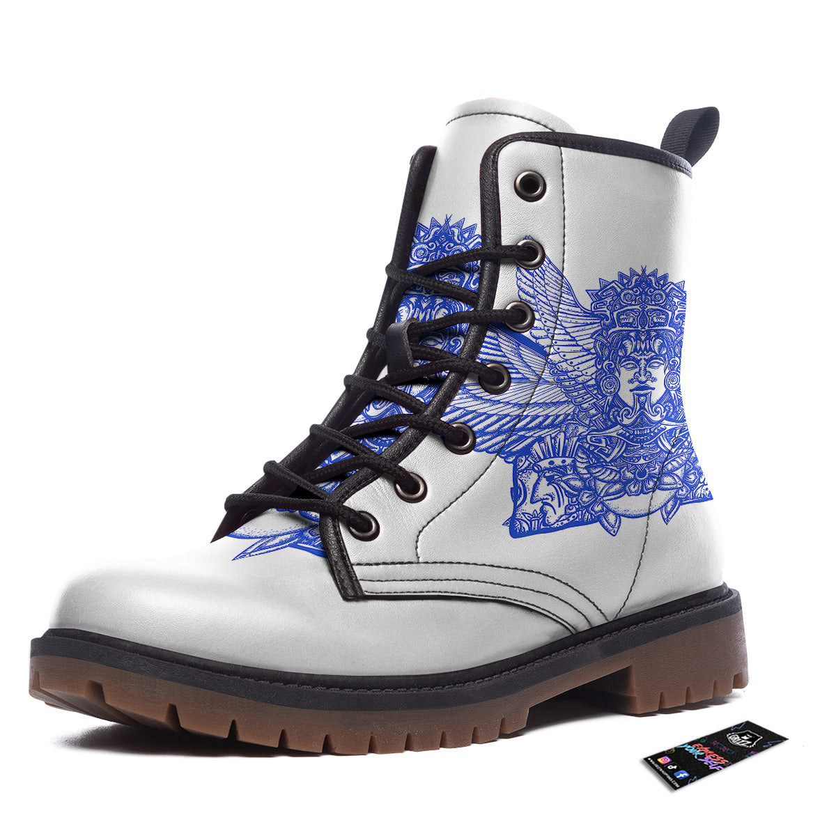Mayan Statue White And Blue Print Work Boots-grizzshop
