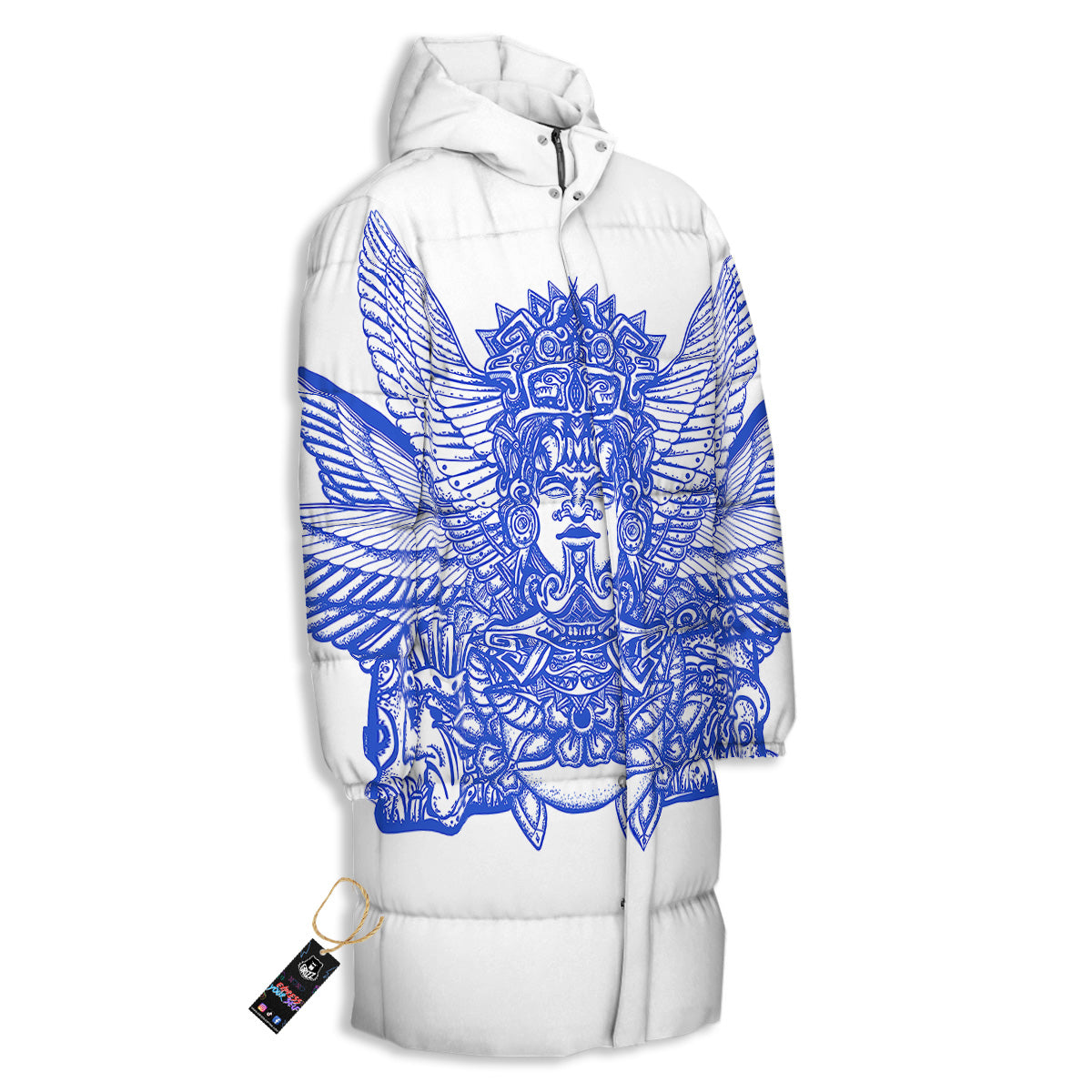 Mayan Statue White And Blue Print Long Down Jacket