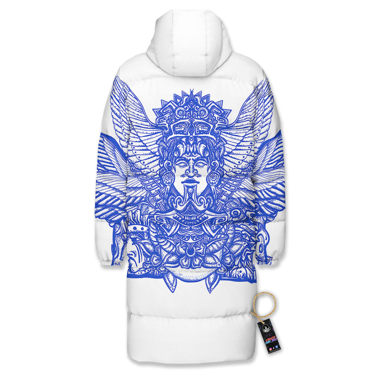 Mayan Statue White And Blue Print Long Down Jacket