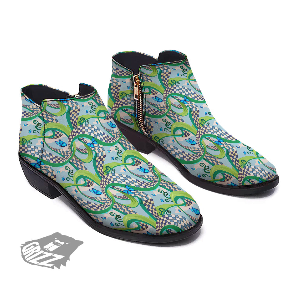Maze Checkered Print Pattern Ankle Boots-grizzshop