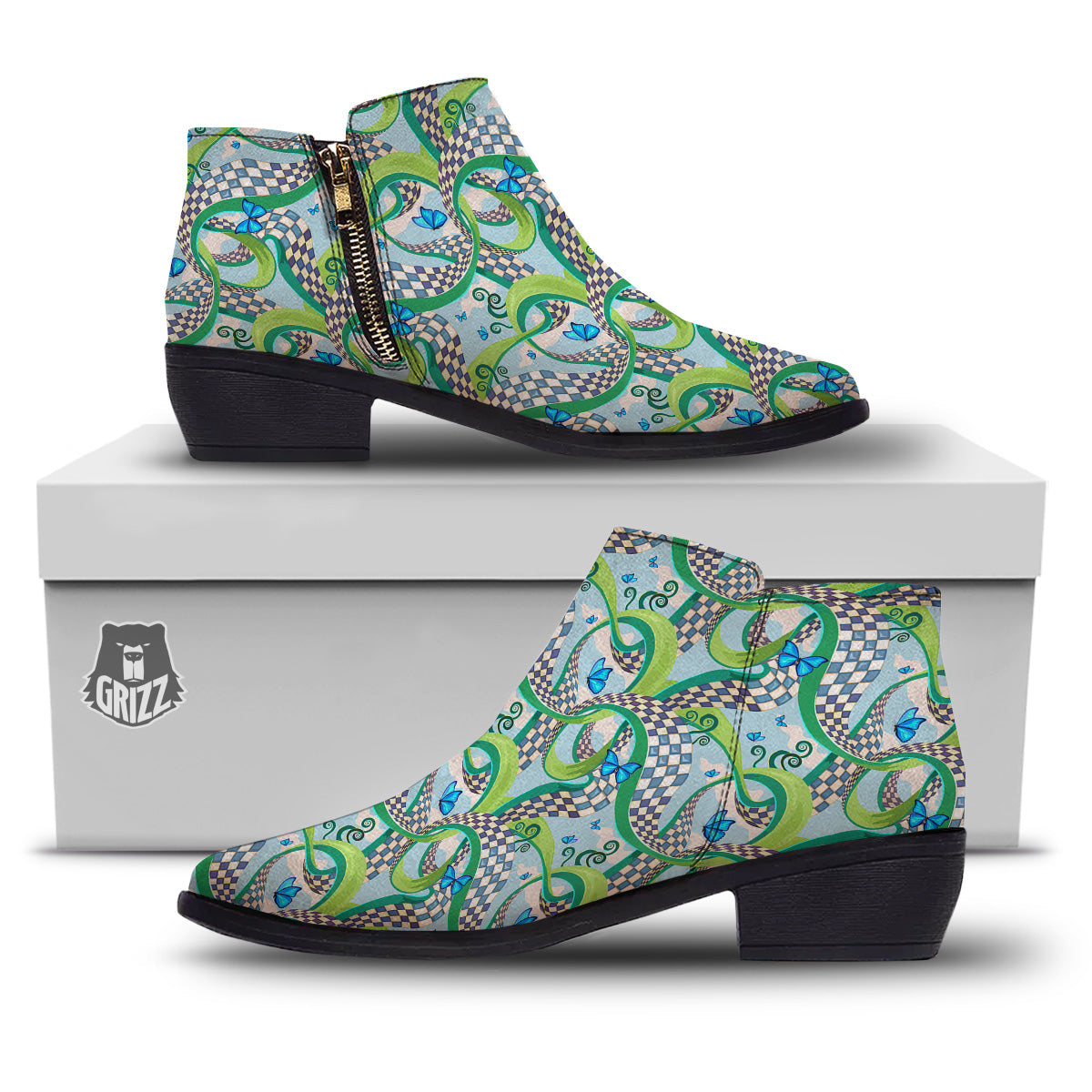 Maze Checkered Print Pattern Ankle Boots-grizzshop