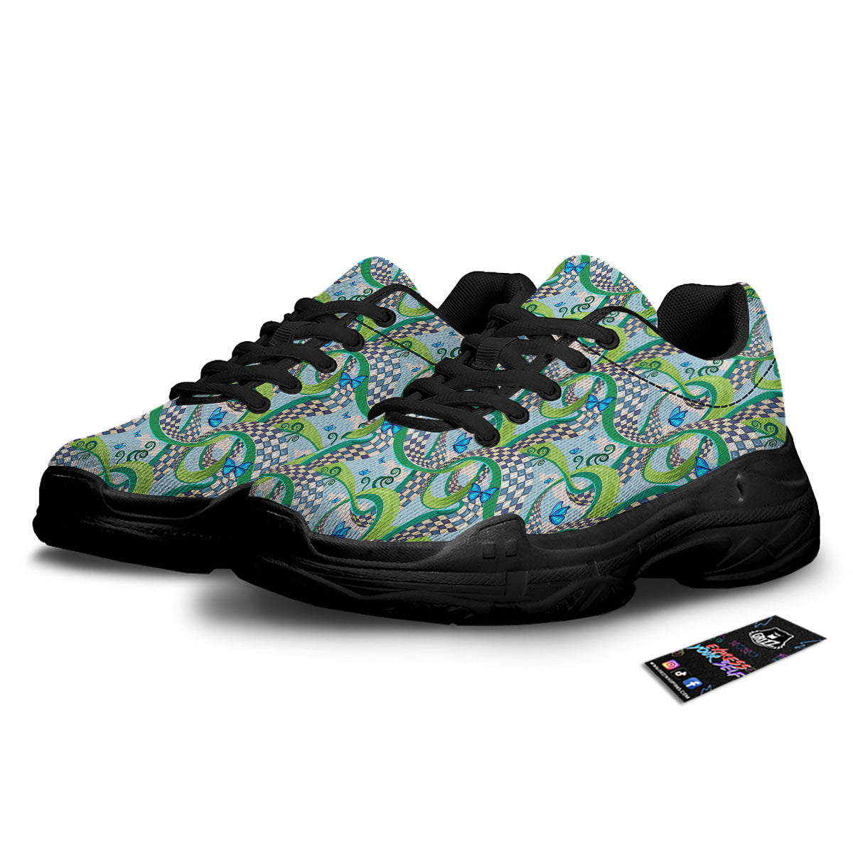 Maze Checkered Print Pattern Black Chunky Shoes-grizzshop