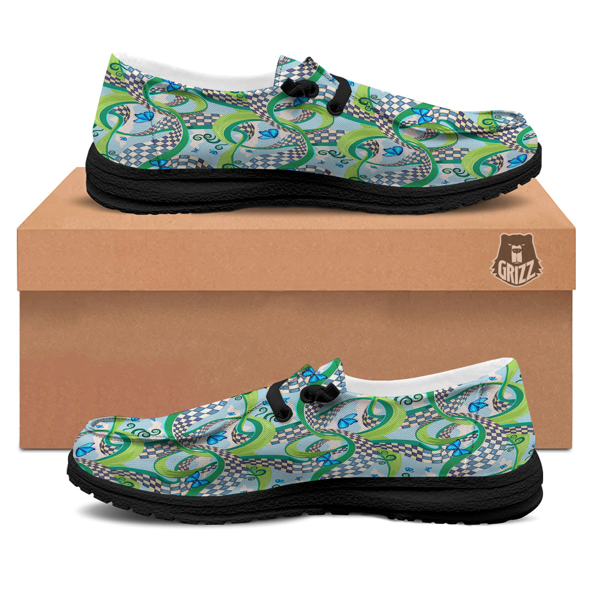 Maze Checkered Print Pattern Black Loafers-grizzshop