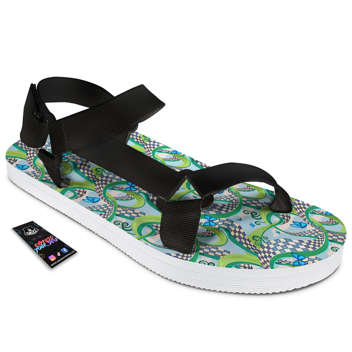 Maze Checkered Print Pattern Black Open Toe Sandals-grizzshop