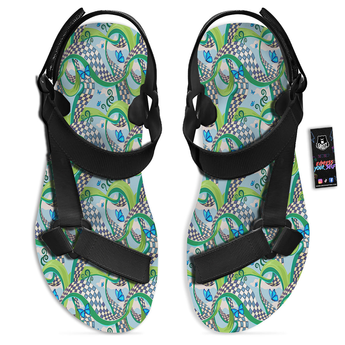 Maze Checkered Print Pattern Black Open Toe Sandals-grizzshop