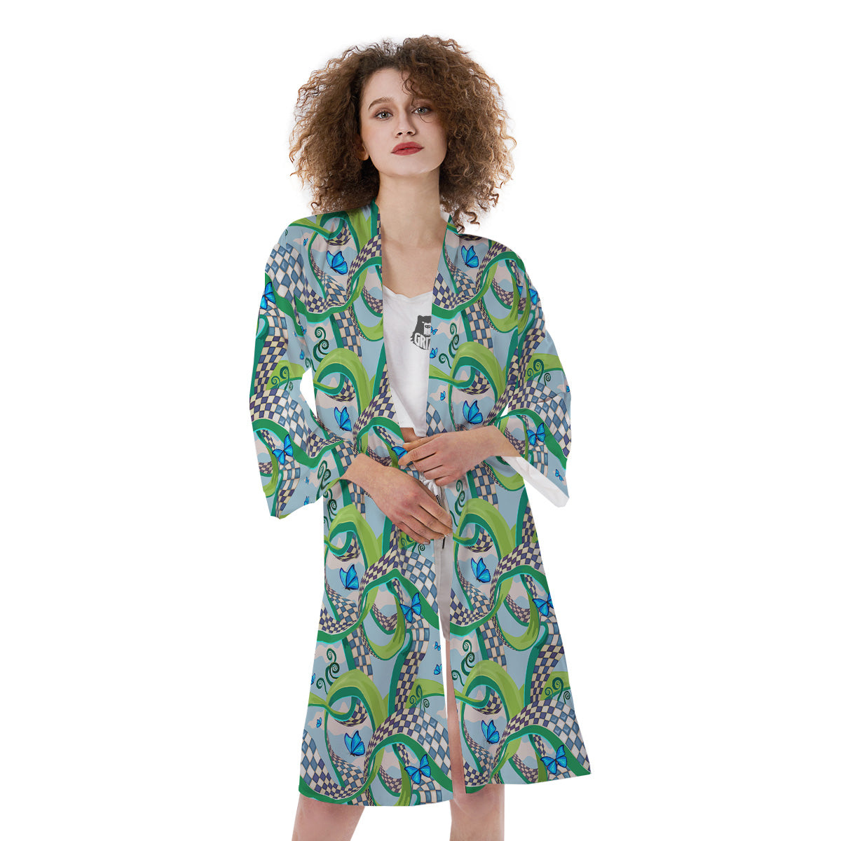 Maze Checkered Print Pattern Kimono-grizzshop