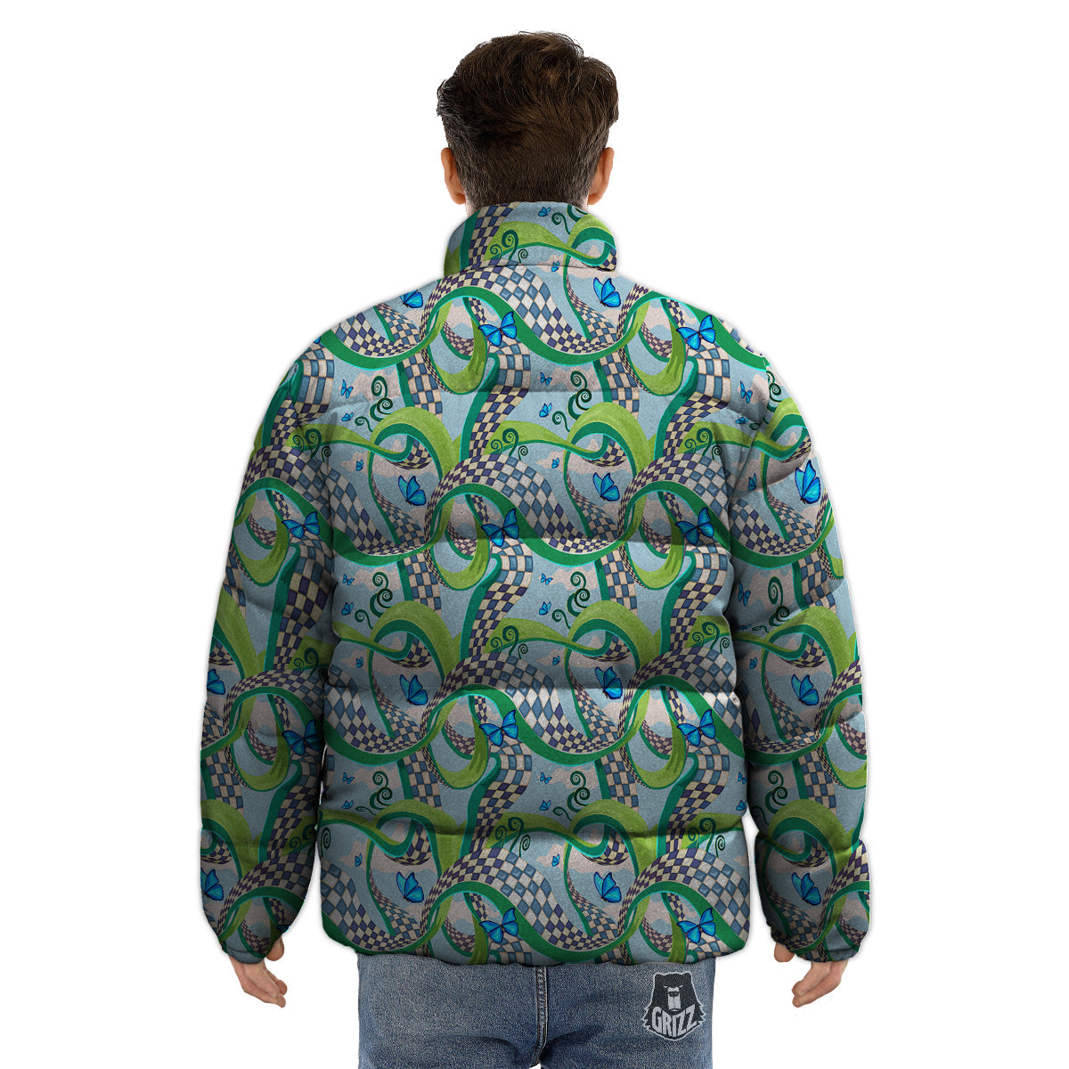 Maze Checkered Print Pattern Puffer Jacket-grizzshop