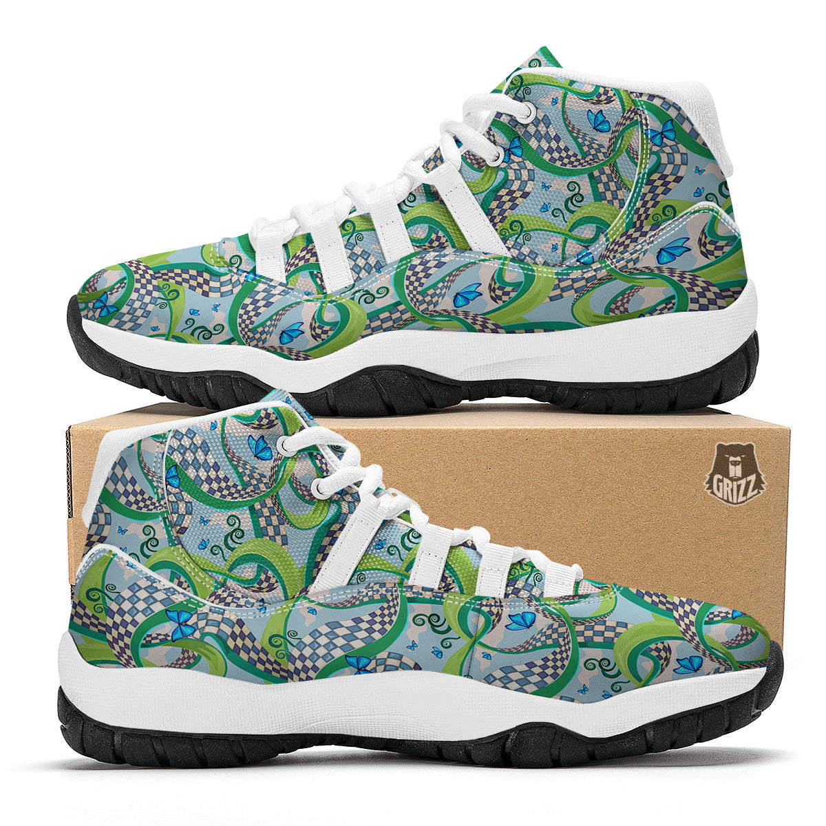 Maze Checkered Print Pattern White Bball Shoes-grizzshop