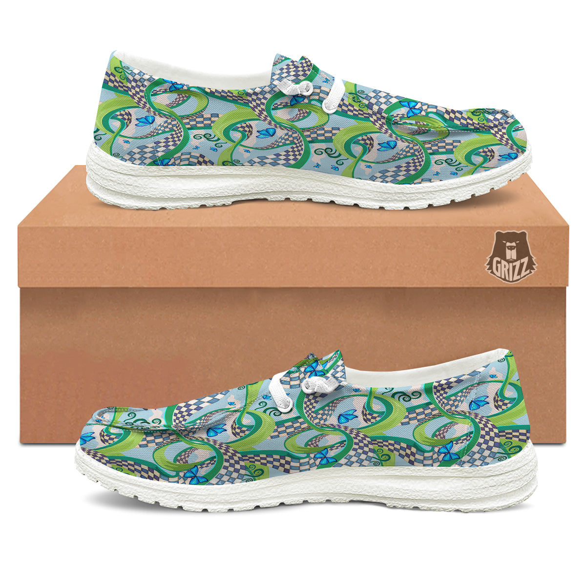 Maze Checkered Print Pattern White Loafers-grizzshop
