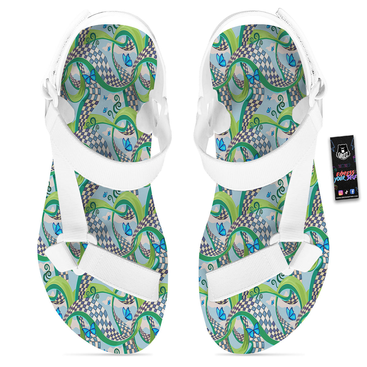 Maze Checkered Print Pattern White Open Toe Sandals-grizzshop