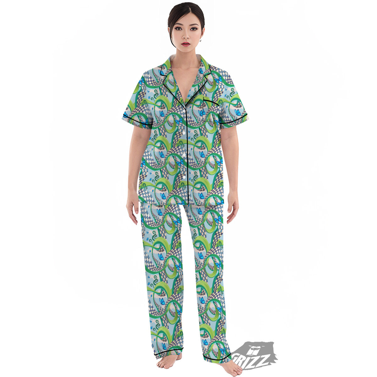 Maze Checkered Print Pattern Women's Pajamas Set-grizzshop