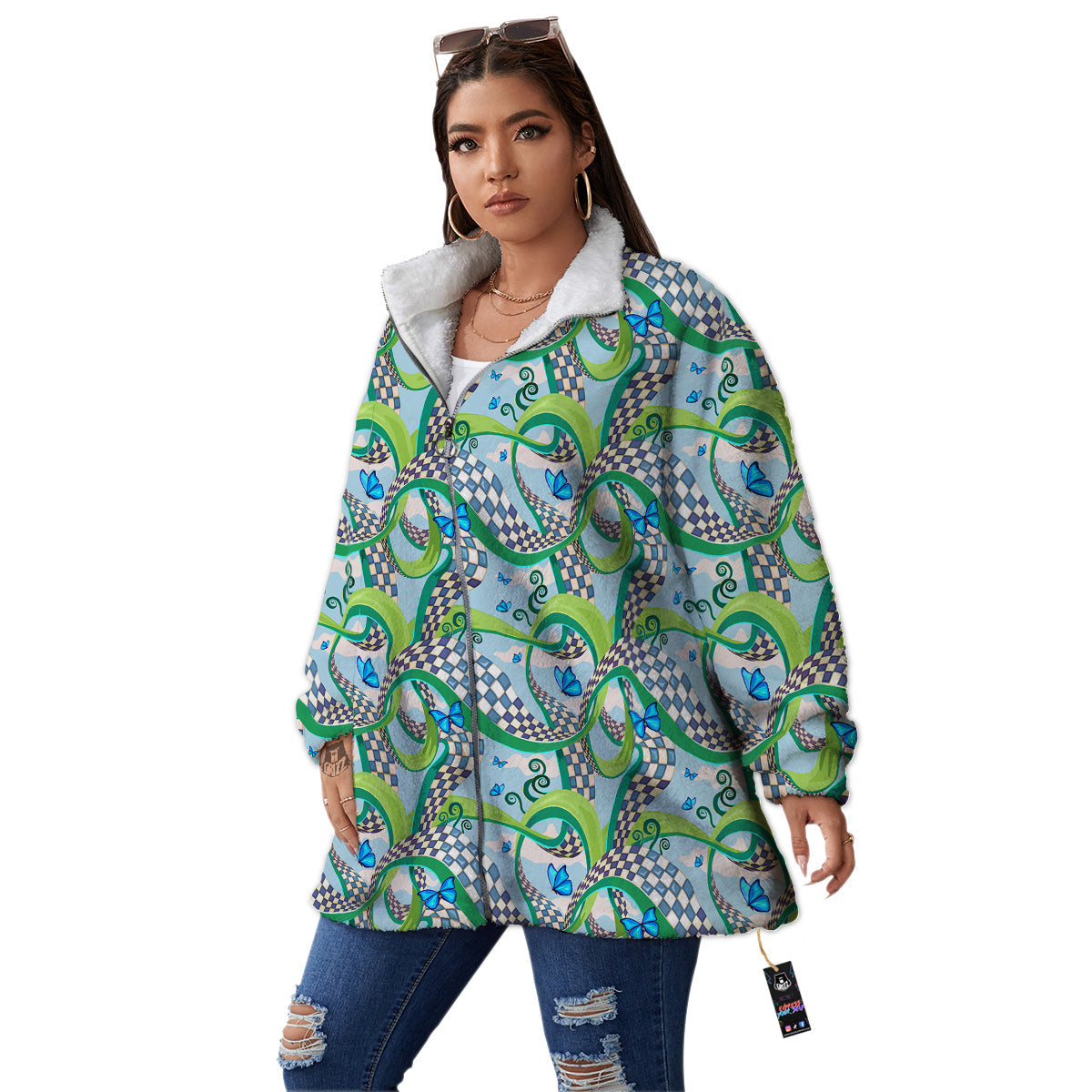 Maze Checkered Print Pattern Women's Sherpa Jacket-grizzshop