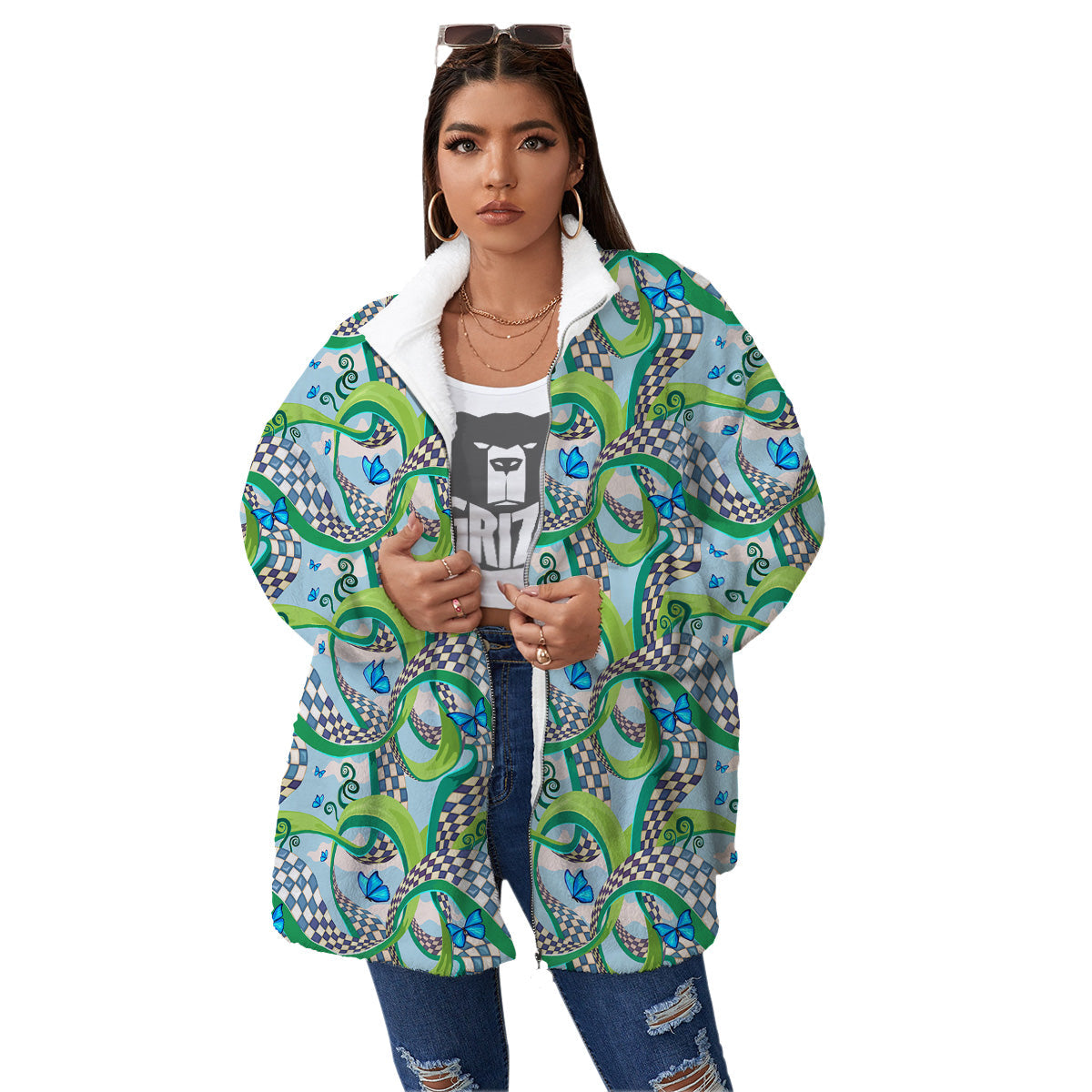 Maze Checkered Print Pattern Women's Sherpa Jacket-grizzshop