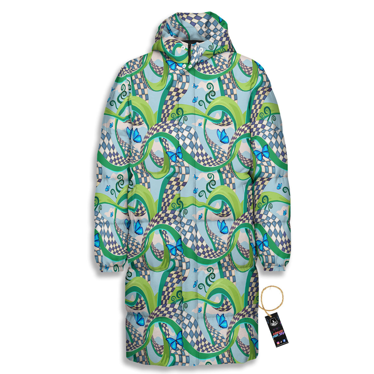 Maze Checkered Print Pattern Long Down Jacket