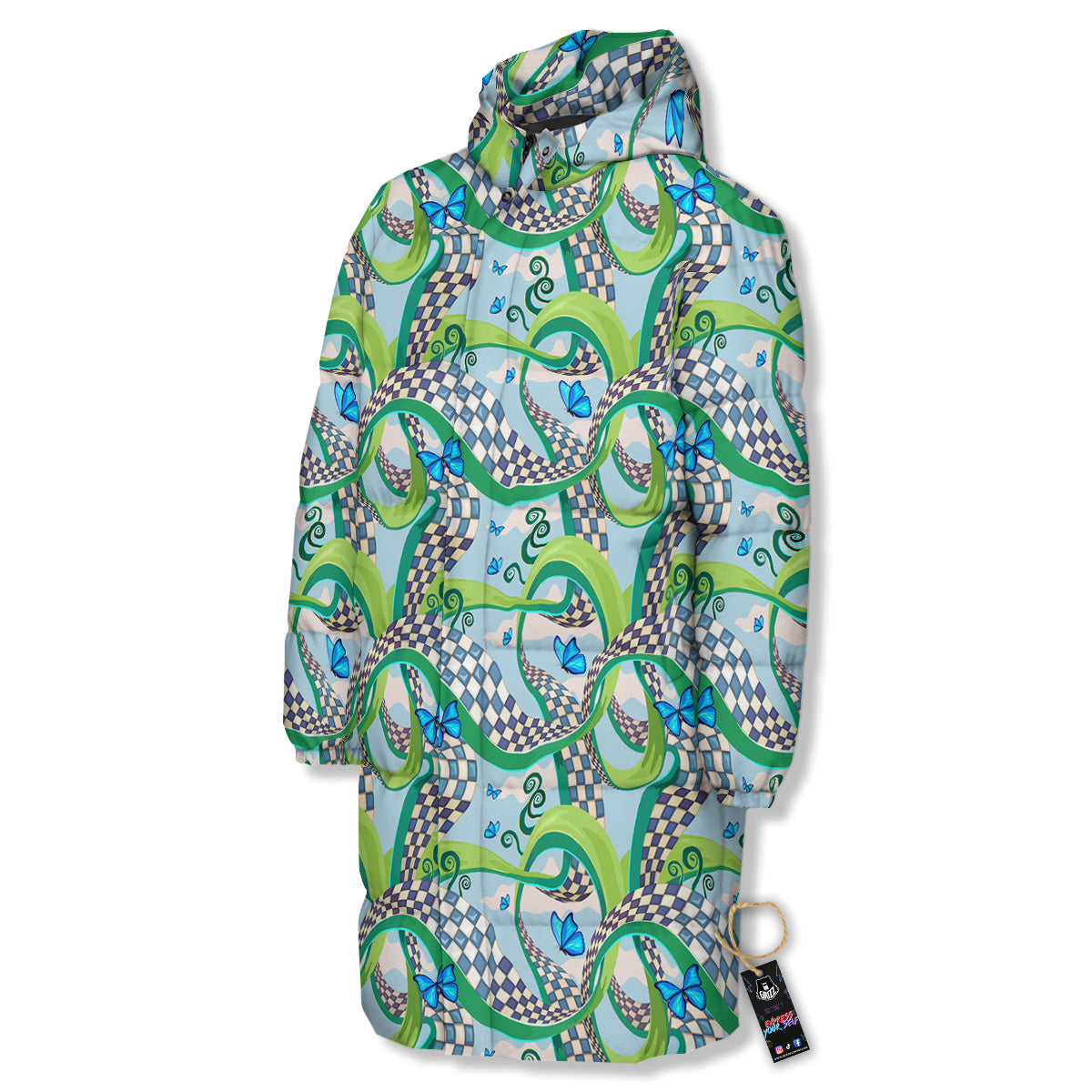 Maze Checkered Print Pattern Long Down Jacket