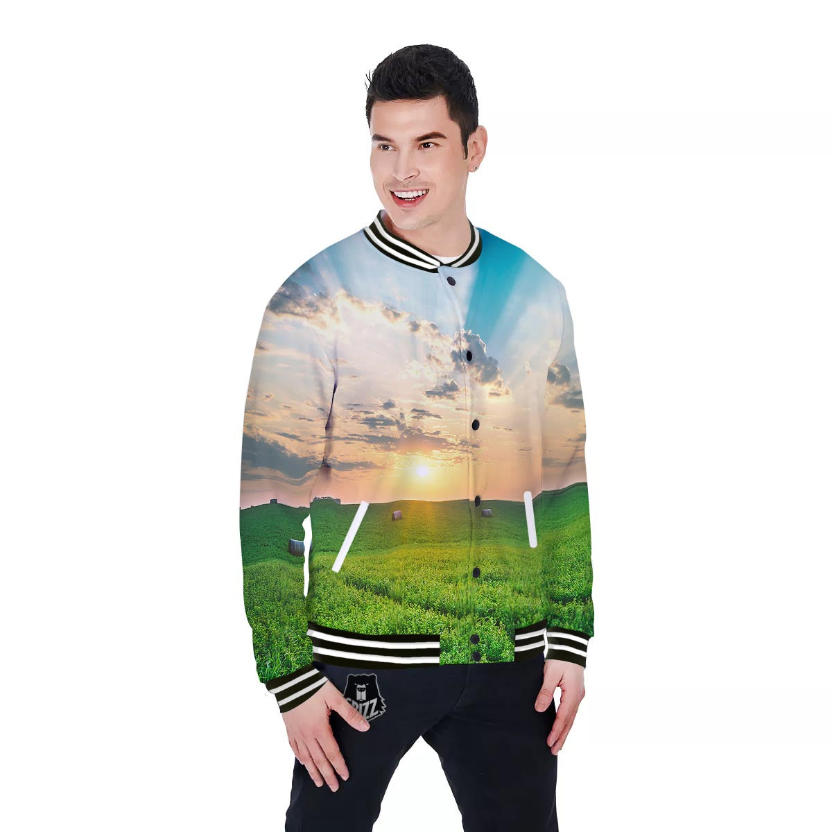Meadow Sunrise Print Baseball Jacket-grizzshop