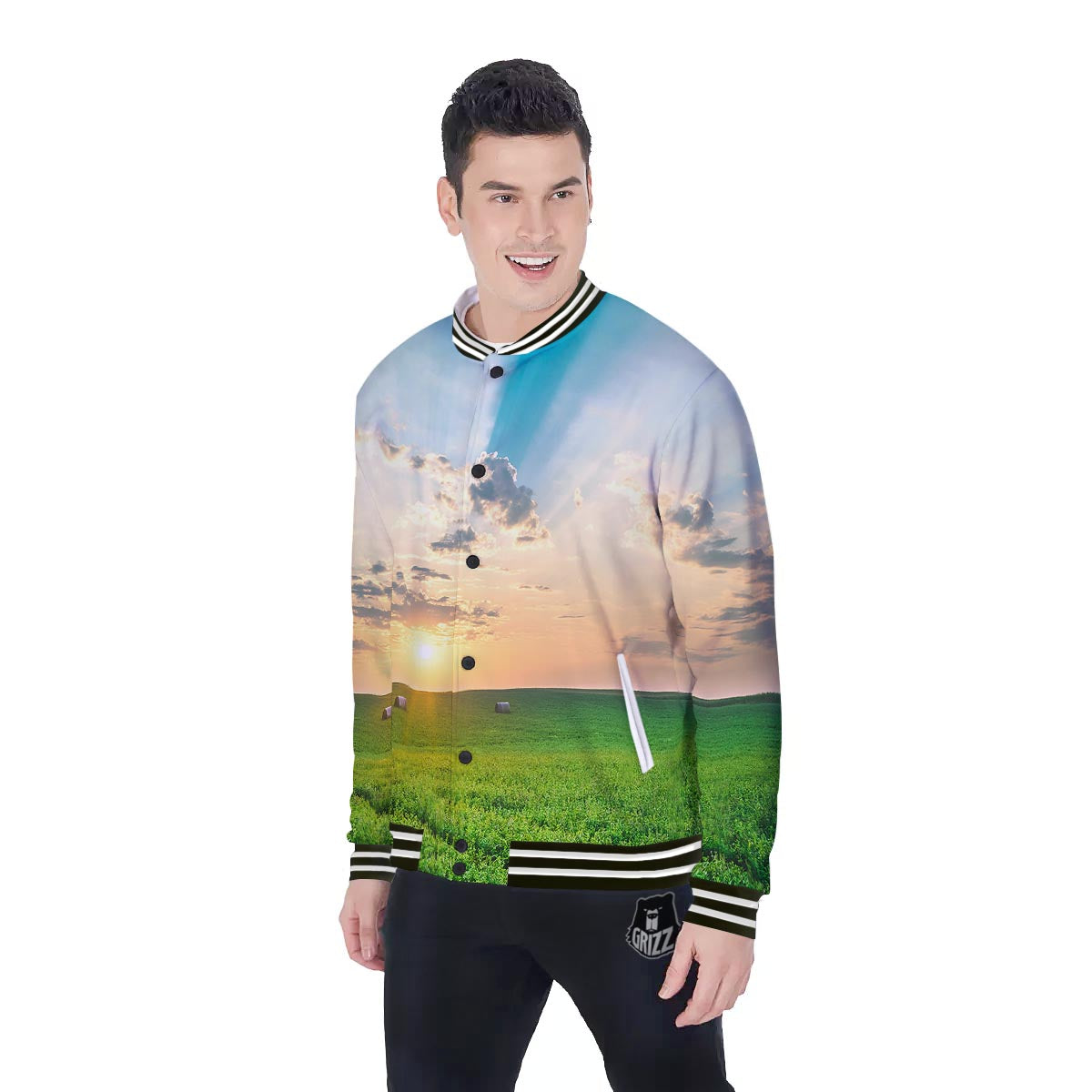 Meadow Sunrise Print Baseball Jacket-grizzshop