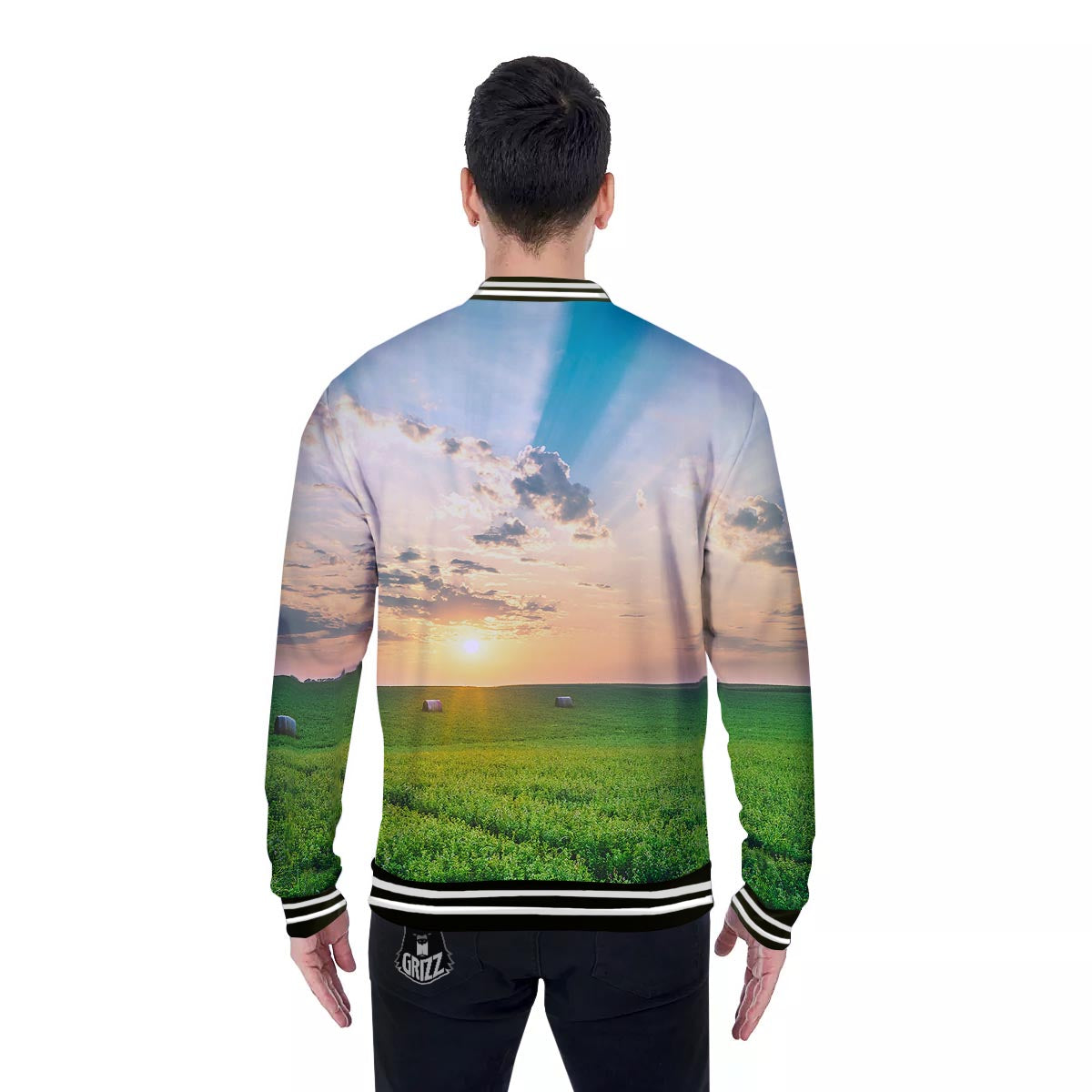 Meadow Sunrise Print Baseball Jacket-grizzshop