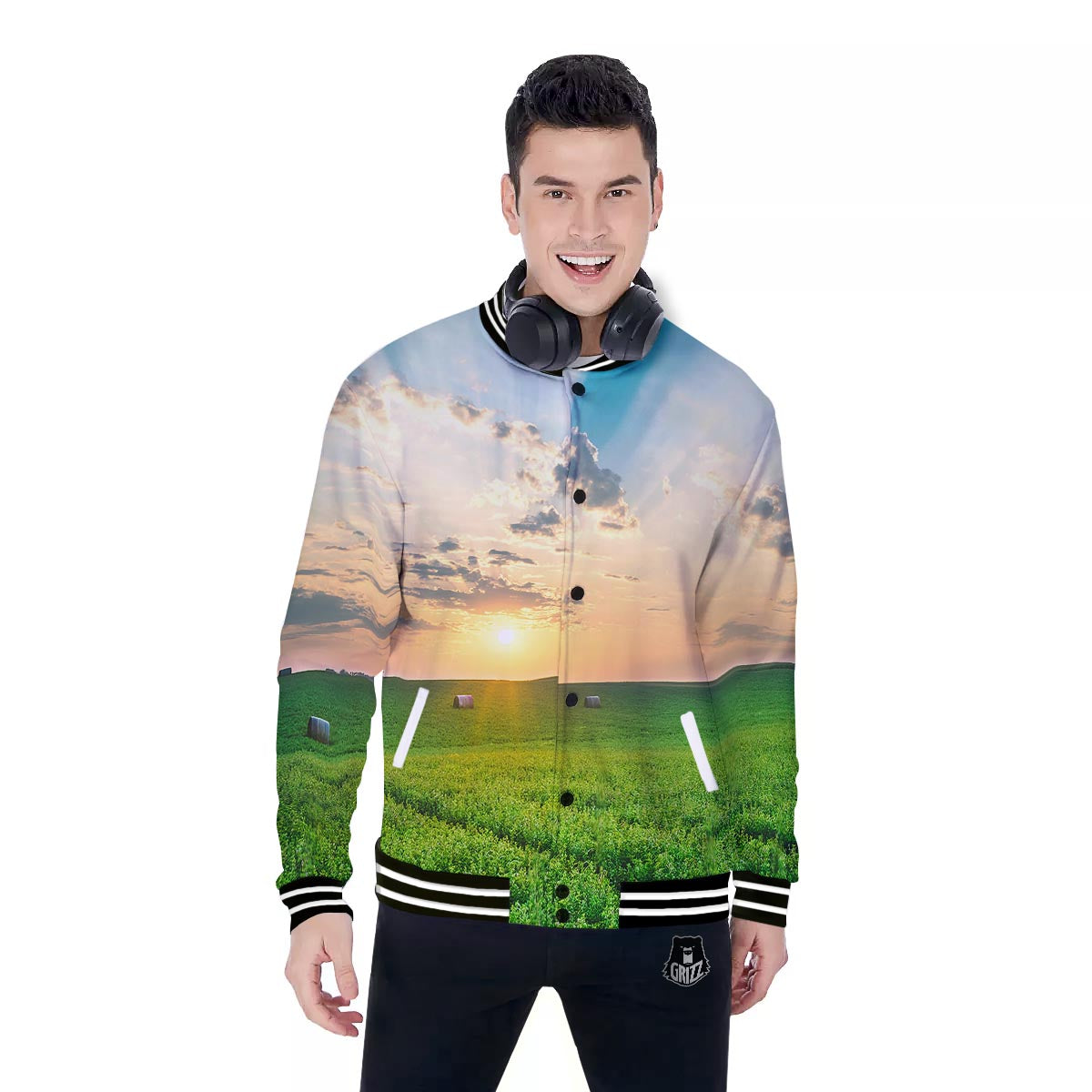 Meadow Sunrise Print Baseball Jacket-grizzshop