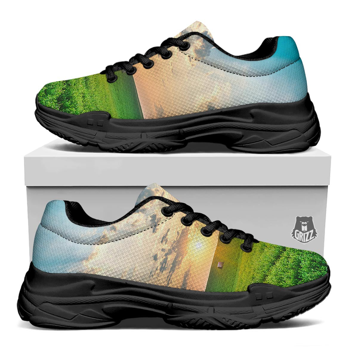 Meadow Sunrise Print Black Chunky Shoes-grizzshop
